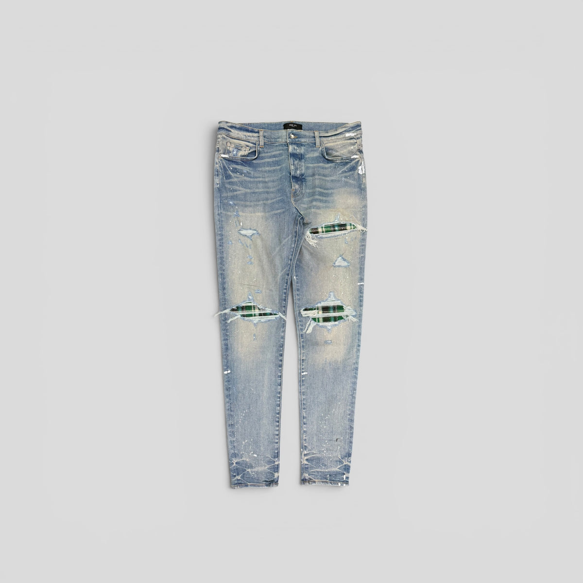 Amiri MX1 Plaid Patch Jeans in Clay Indigo / Green