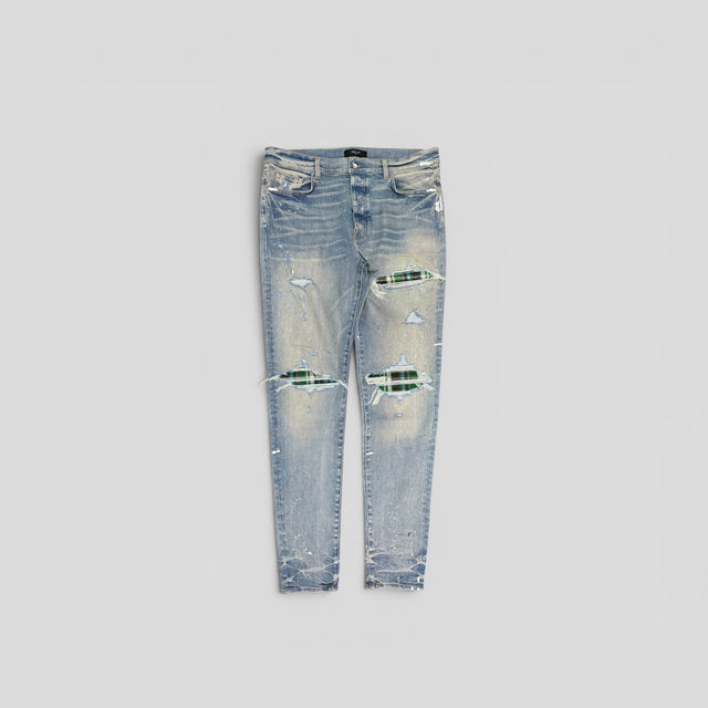 Amiri MX1 Plaid Patch Jeans in Clay Indigo / Green