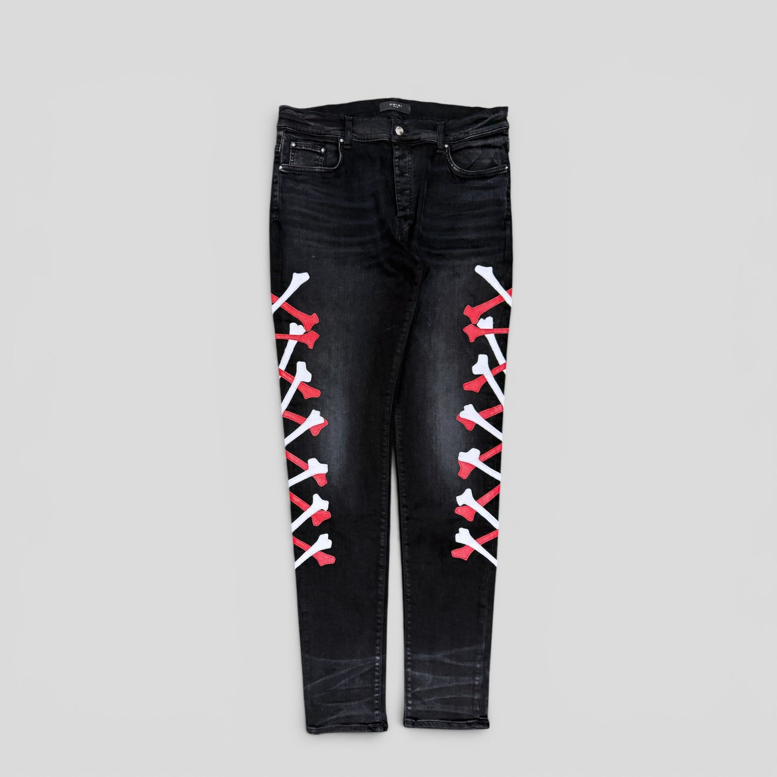 Amiri Red White Bones Jeans in Aged Black