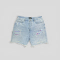 Amiri Tie Dye Thrasher Jean Shorts in Light Wash