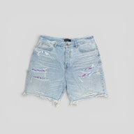 Amiri Tie Dye Thrasher Jean Shorts in Light Wash