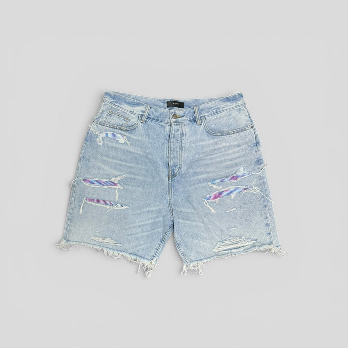 Amiri Tie Dye Thrasher Jean Shorts in Light Wash