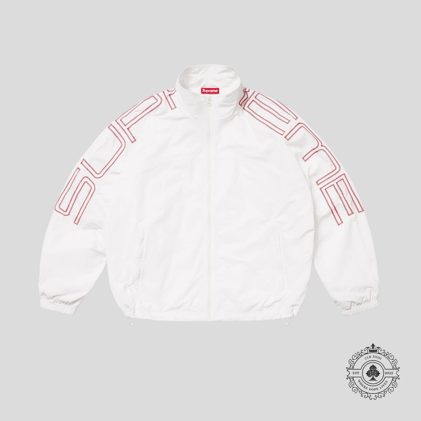 Supreme Embroidered Spellout Track Jacket in White