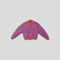 CLB XXIII Louis Vuitton orange bomber jacket featuring a blue and white Diamond Damier graphic on polyamide fabric.