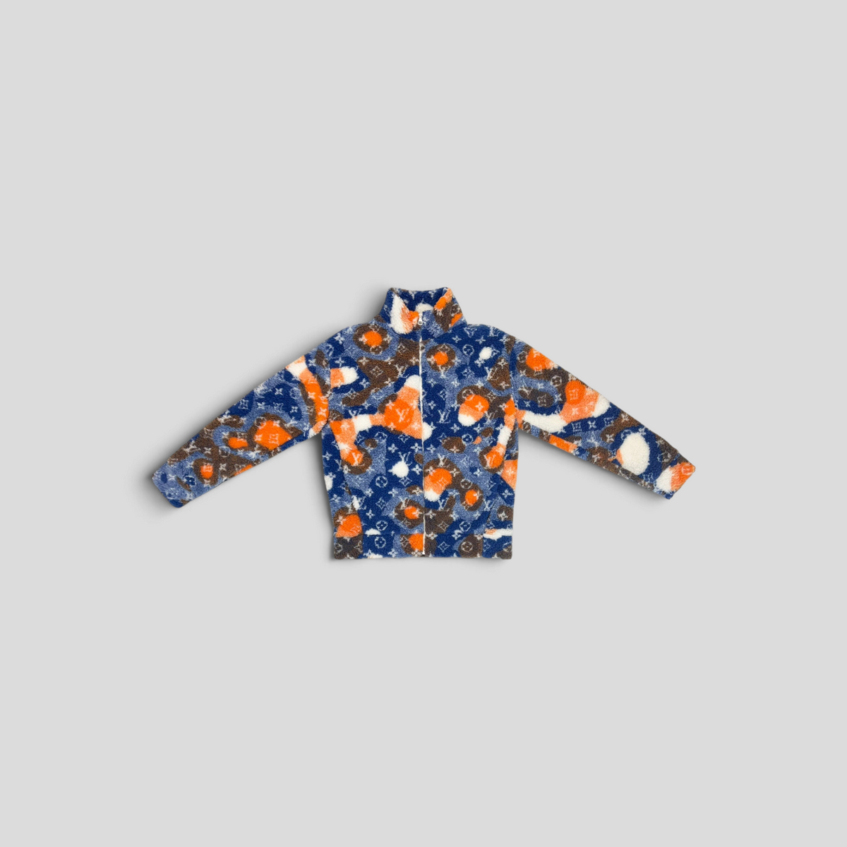CLB XXIII Louis Vuitton jacquard camo fleece zip-up jacket in blue, orange, and white with monogram pattern
