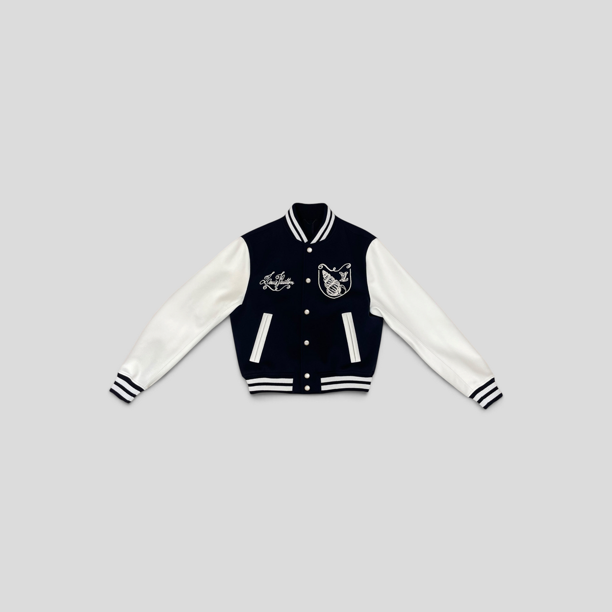 CLB XXIII Louis Vuitton navy wool and white calfskin leather varsity jacket with embroidered chest logos