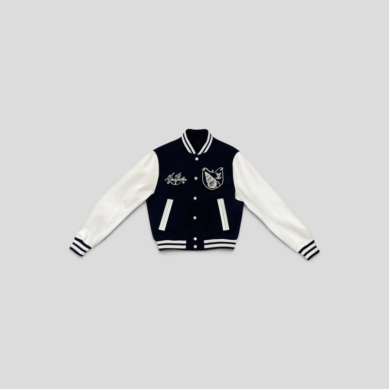 CLB XXIII Louis Vuitton navy wool and white calfskin leather varsity jacket with embroidered chest logos