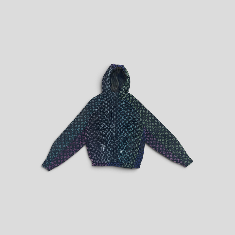 CLB XXIII Louis Vuitton gradient monogram mesh blouson jacket in black polyester with vibrant iridescent accents.