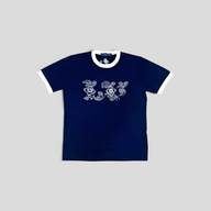 CLB XXIII Louis Vuitton navy blue short sleeve crewneck t-shirt with white floral intarsia graphic and trim