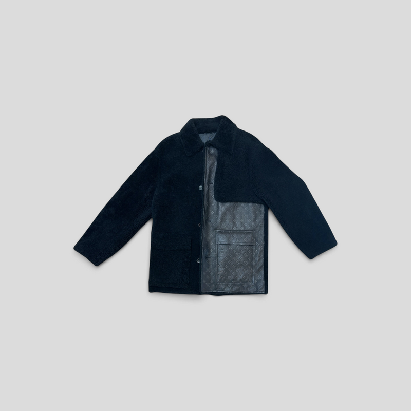 CLB XXIII Louis Vuitton brown leather and black shearling business coat with monogram pattern and button closure