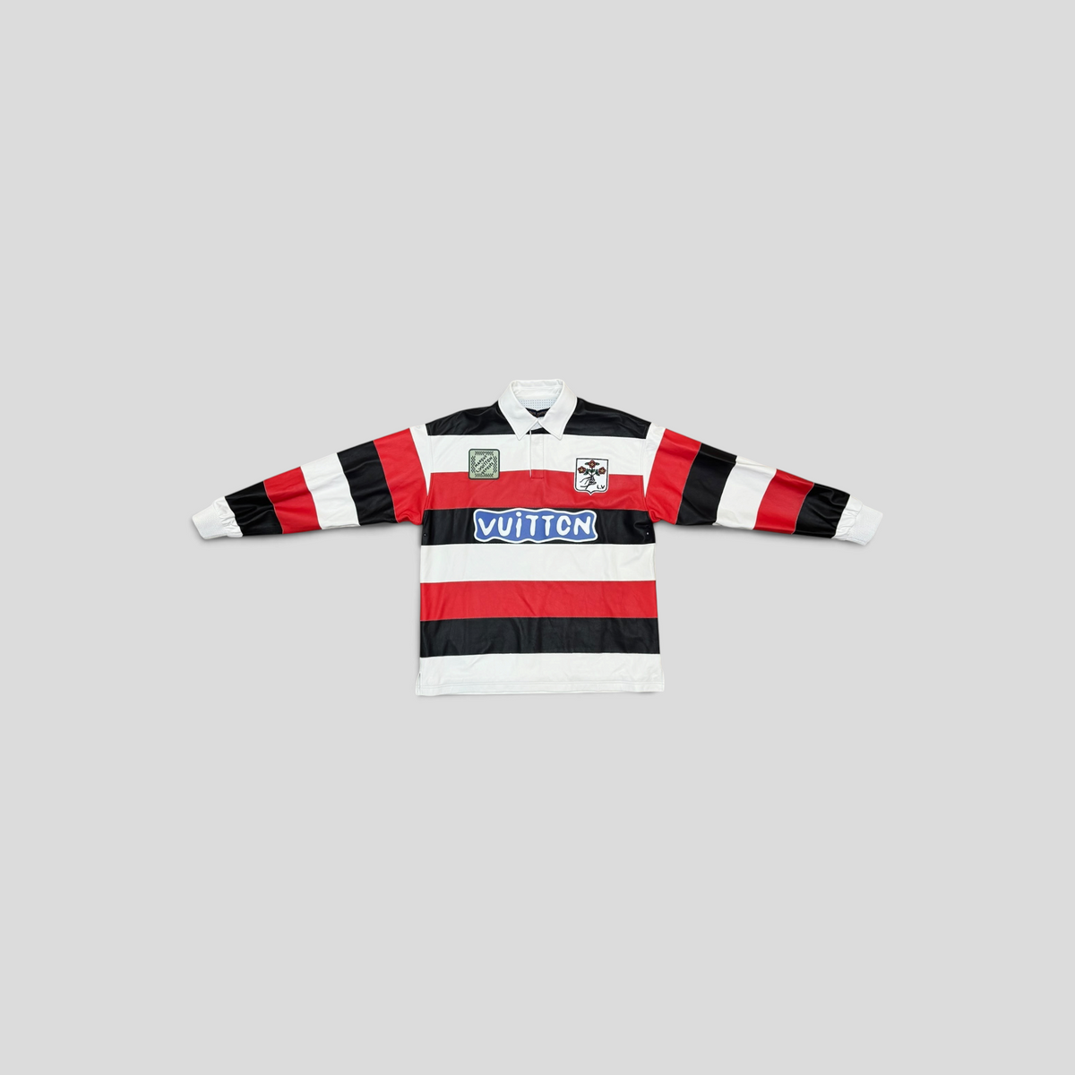 CLB XXIII Louis Vuitton long-sleeved lambskin leather rugby polo in red, black, and white with intarsia logo details.