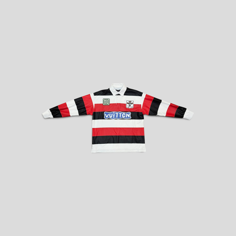 CLB XXIII Louis Vuitton long-sleeved lambskin leather rugby polo in red, black, and white with intarsia logo details.