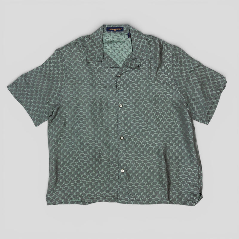 Louis Vuitton Monogram Jacquard Button Up Silk Blend Shirt in Grey/Blue