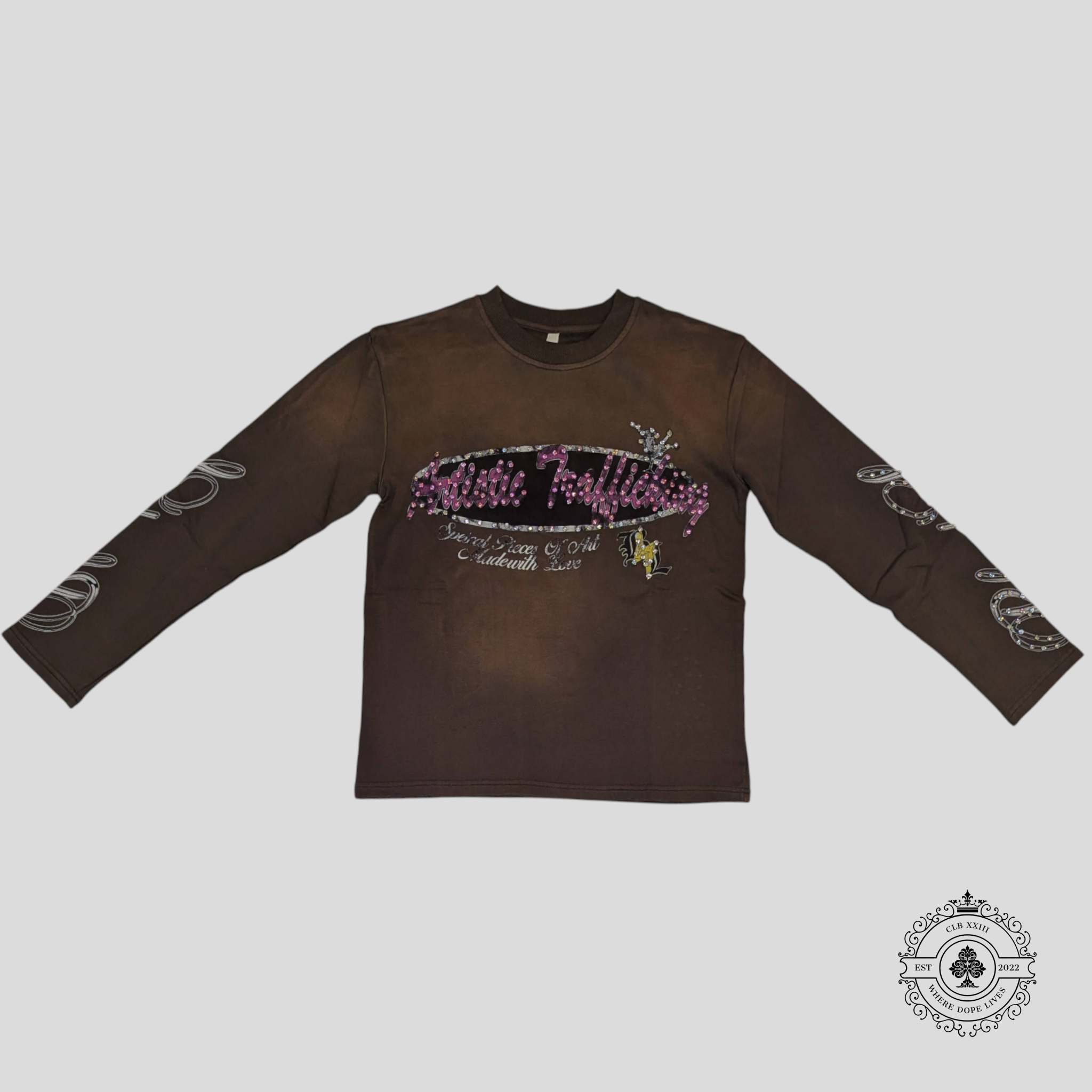 Blind Love Artistic Trafficking Rhinestone Crewneck in Brown