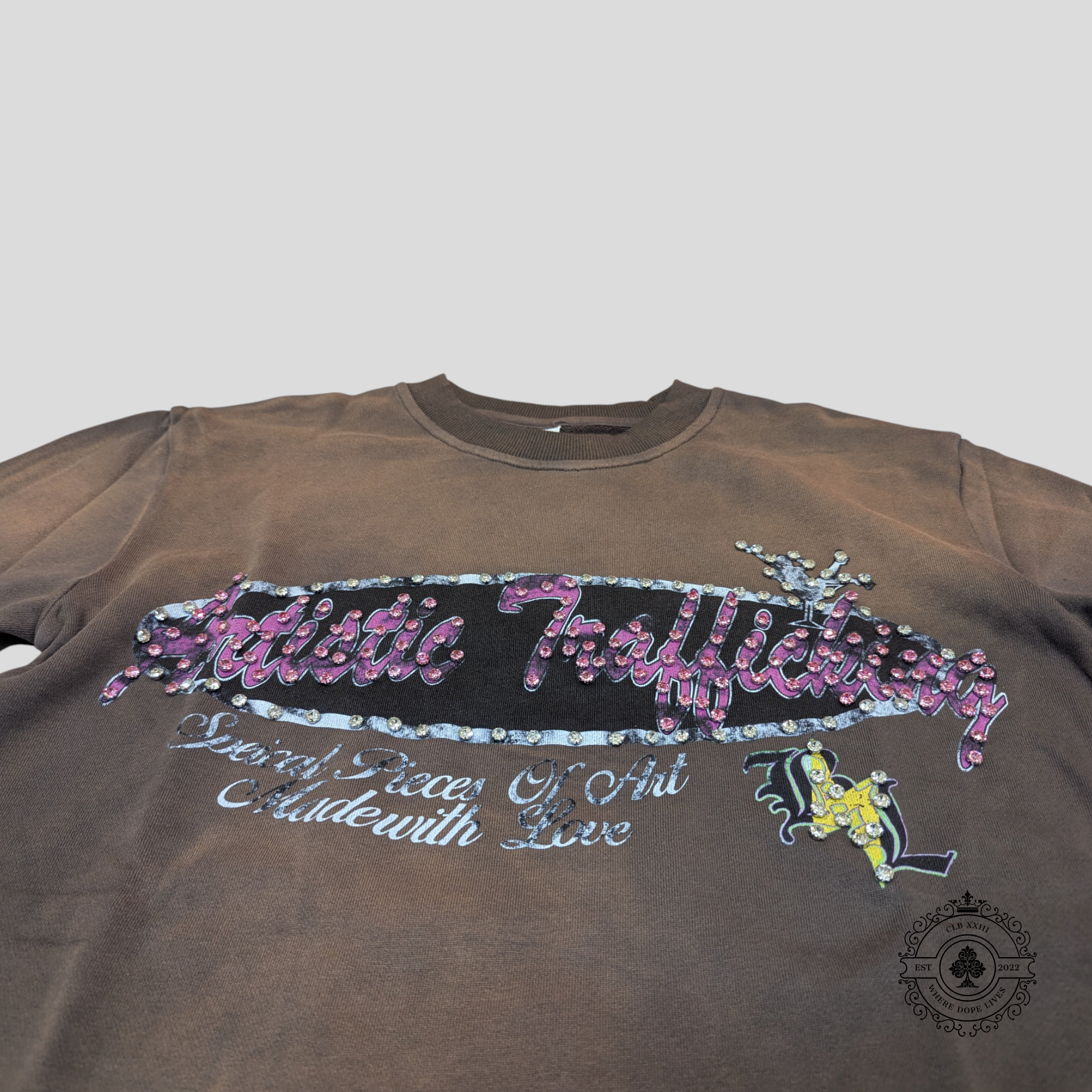 Blind Love Artistic Trafficking Rhinestone Crewneck in Brown