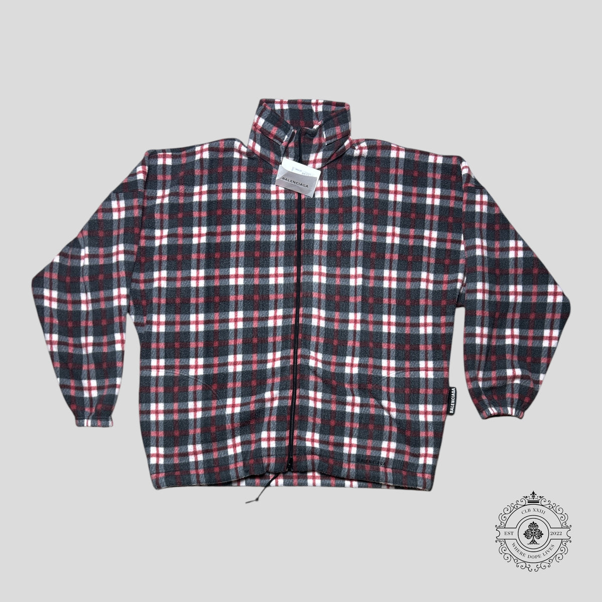 Balenciaga Oversized Tartan Fleece Sweater in Black/Red/White