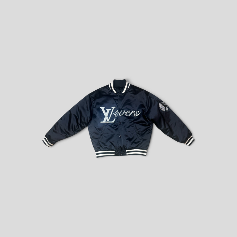 CLB XXIII Louis Vuitton LV Lovers black polyamide baseball bomber jacket with white striped ribbed trim