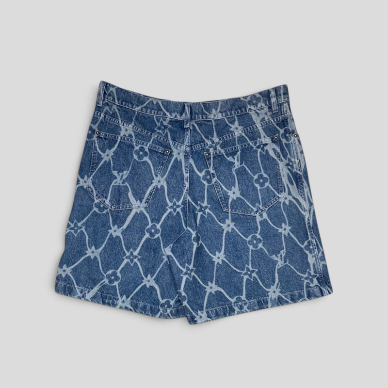CLB XXIII Louis Vuitton medium wash denim shorts featuring a white fishnet and monogram pattern in 100% cotton