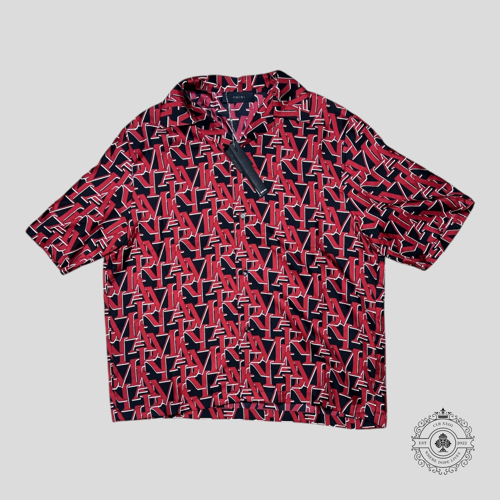 Amiri Staggered Logo Silk Button Up Bowling Shirt in Red/Black