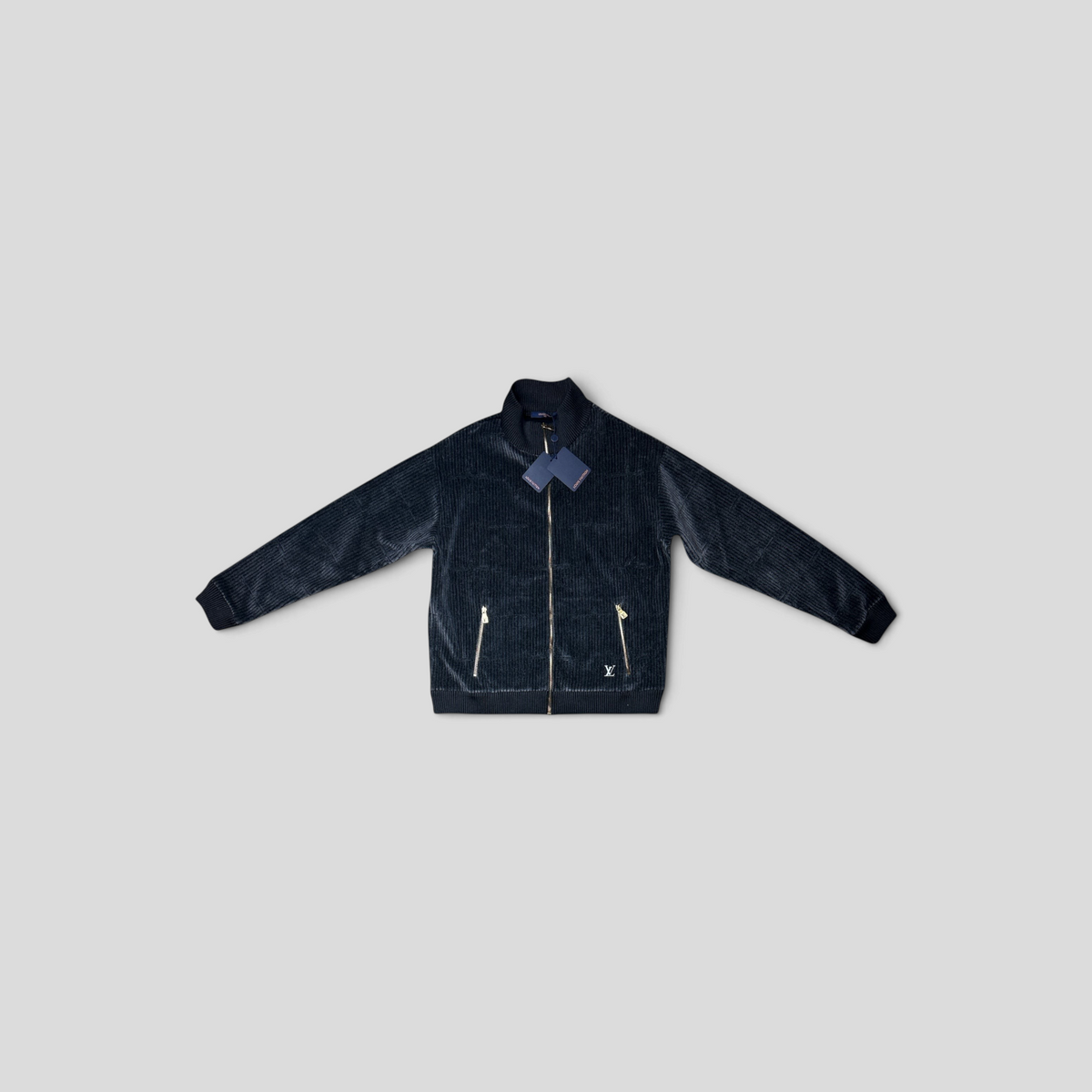 CLB XXIII Louis Vuitton X Park Seo-Bo dark grey velvet corduroy tracktop with zip closure and logo detail