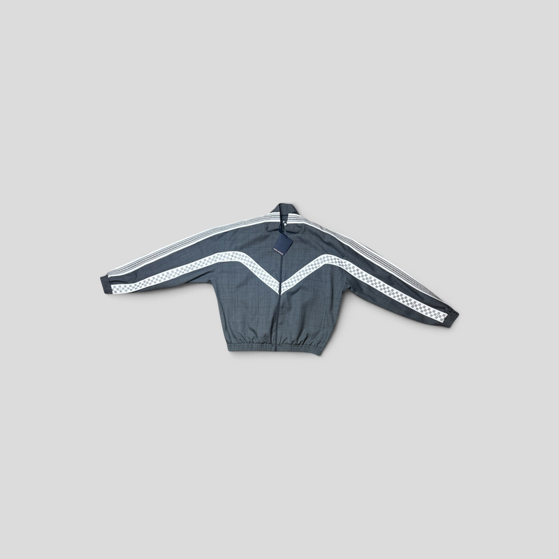 CLB XXIII Louis Vuitton grey wool tracksuit jacket with white checkered stripe detail and zip-up front