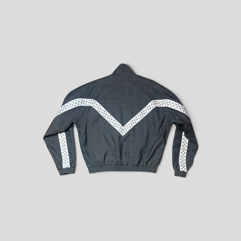 CLB XXIII Louis Vuitton grey wool tracksuit jacket with white checkered V-pattern detail on the back