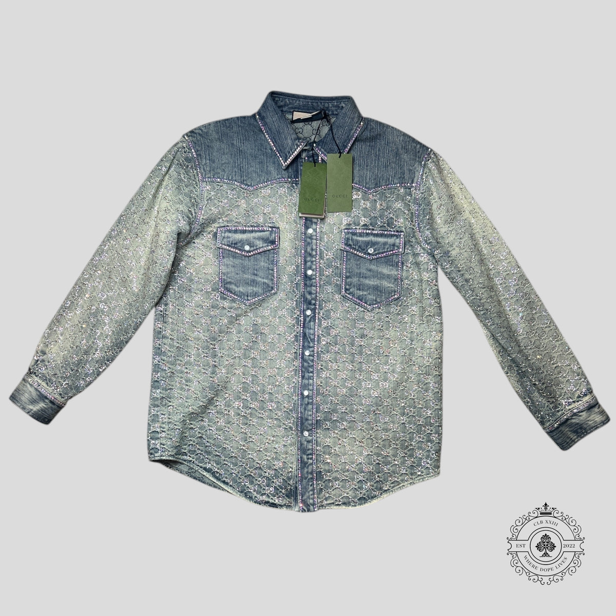 Gucci Rhinestone Jacquard Denim Overshirt in Light Wash