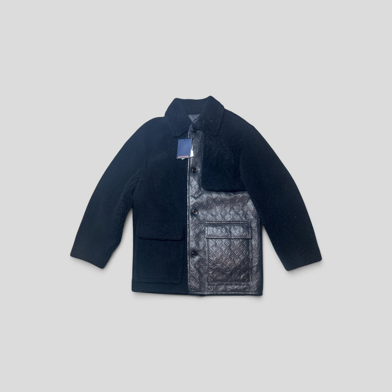 CLB XXIII Louis Vuitton black lamb shearling and embossed monogram calfskin business coat with front button closure