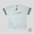 Dior Metallic Ribbon Logo Striped Sleeve T-shirt in White/Grey