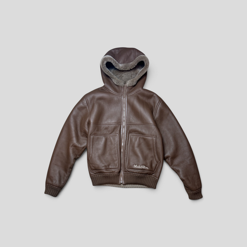 CLB XXIII Louis Vuitton brown shearling hooded blouson jacket with front zip and monogram detailing