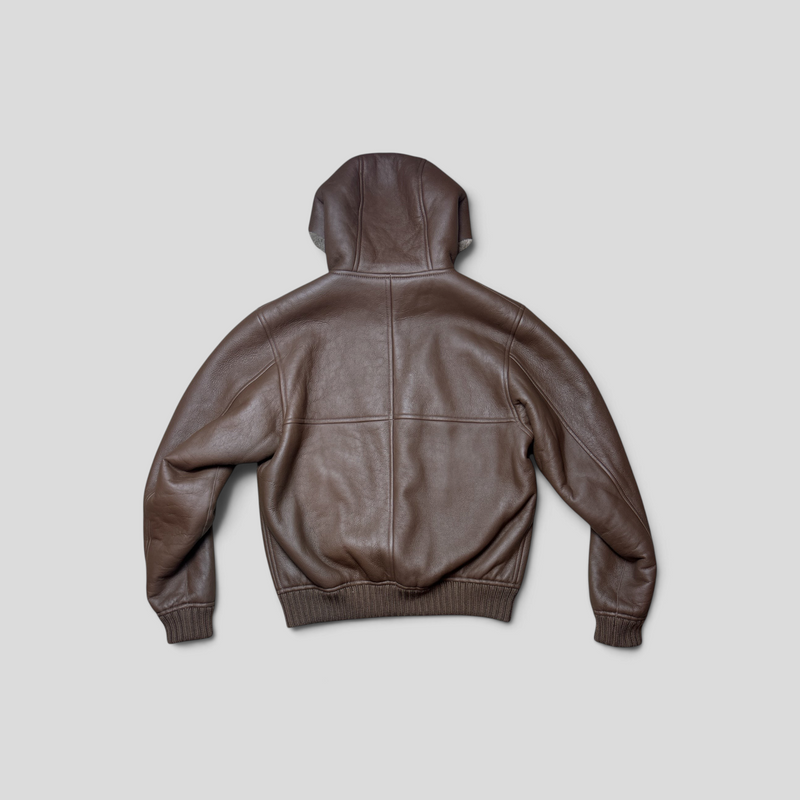 CLB XXIII Louis Vuitton brown shearling hooded blouson jacket, back view showing premium leather texture