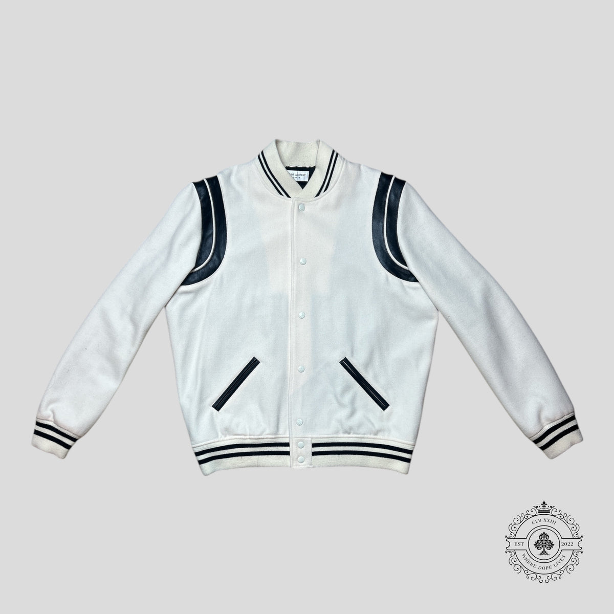 Saint Laurent Varsity Teddy Jacket in White/Black