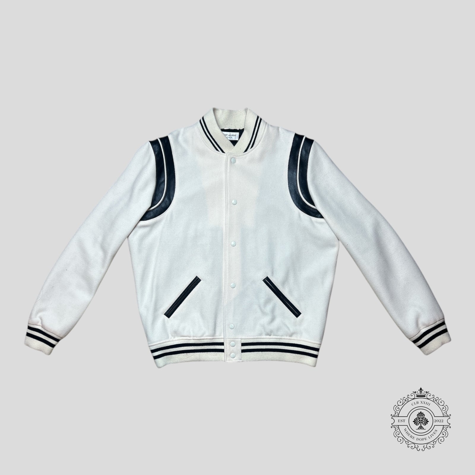 Saint Laurent Varsity Teddy Jacket in White/Black