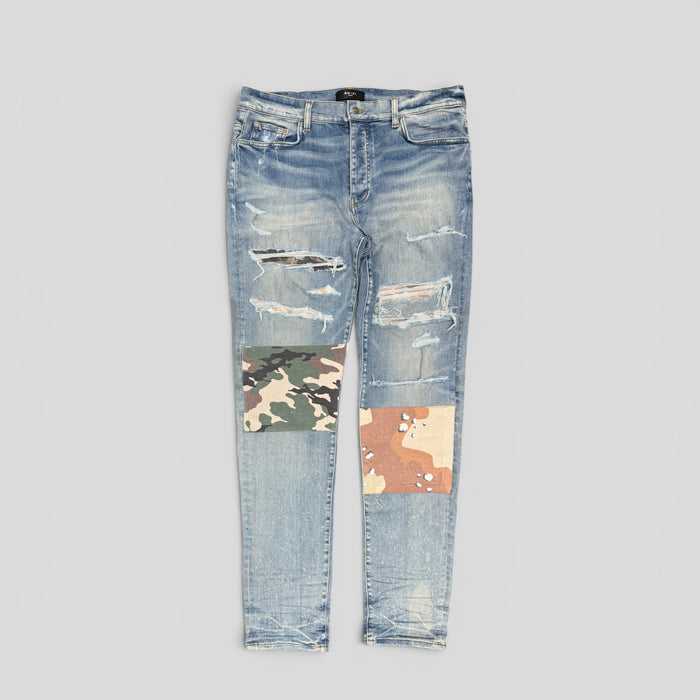 Amiri Camouflage Patch Jeans in Clay Indigo