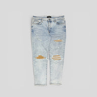 Amiri Suede Patch Jeans in Light Wash/Brown