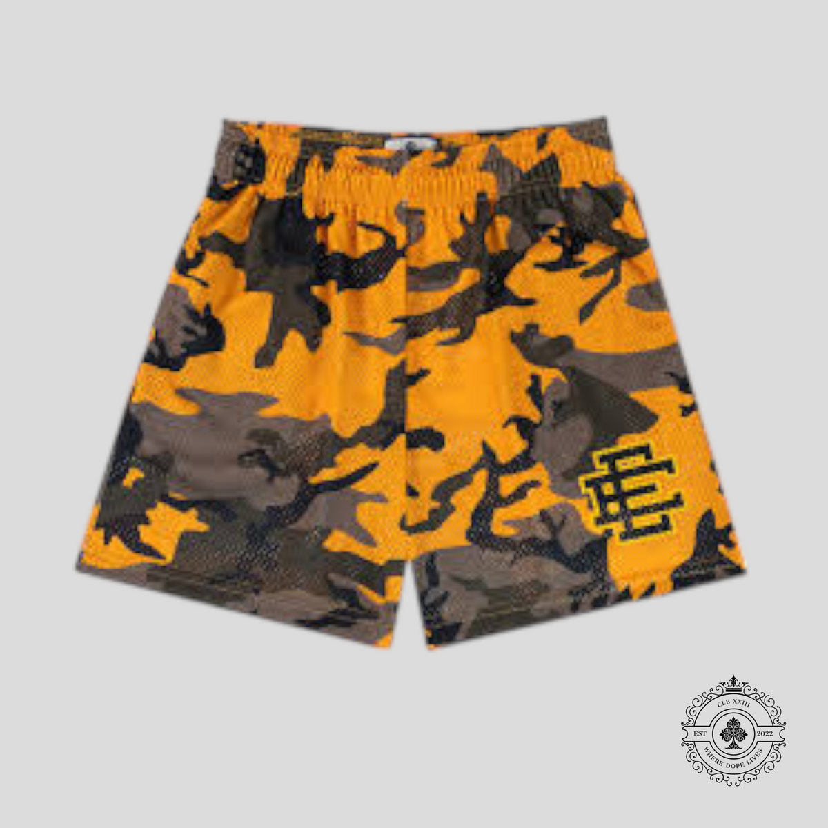 Eric Emanuel Camo Mesh Shorts in Yellow/Black