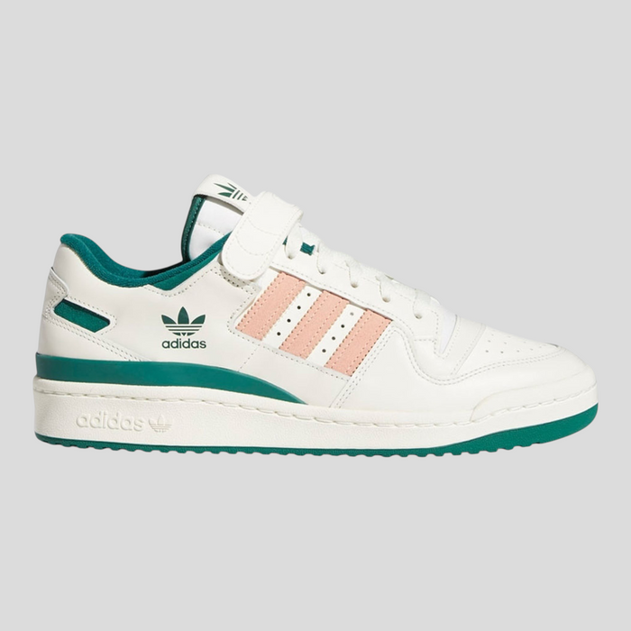CLB XXIII Adidas Forum 84 Low sneakers in off-white leather with collegiate green accents and glow pink stripes.