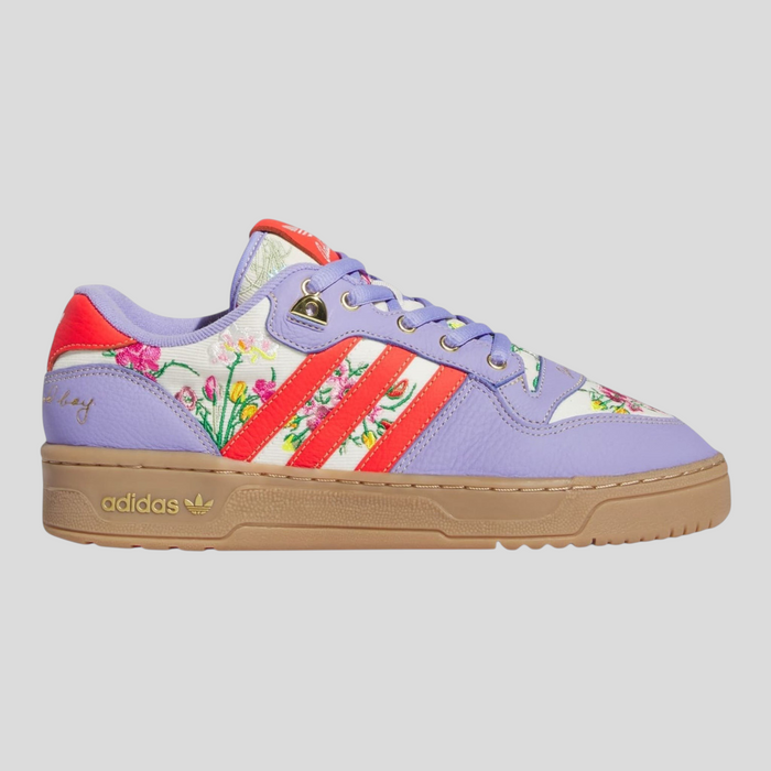 CLB XXIII Adidas UNHEARDOF Rivalry Low Grandma's Couch sneaker in purple, bright red, and floral print leather.