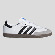 CLB XXIII Adidas Samba OG sneaker in white leather with black stripes, grey suede toe overlay, and gum rubber sole