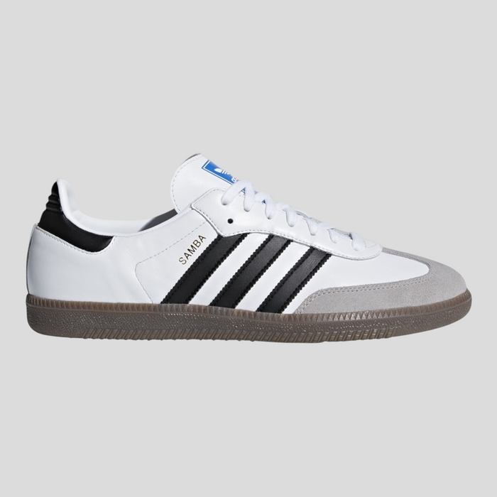 CLB XXIII Adidas Samba OG sneaker in white leather with black stripes, grey suede toe overlay, and gum rubber sole