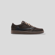 CLB XXIII Air Jordan 1 Retro Low OG SP Travis Scott in dark mocha and velvet brown with a black reverse Swoosh.