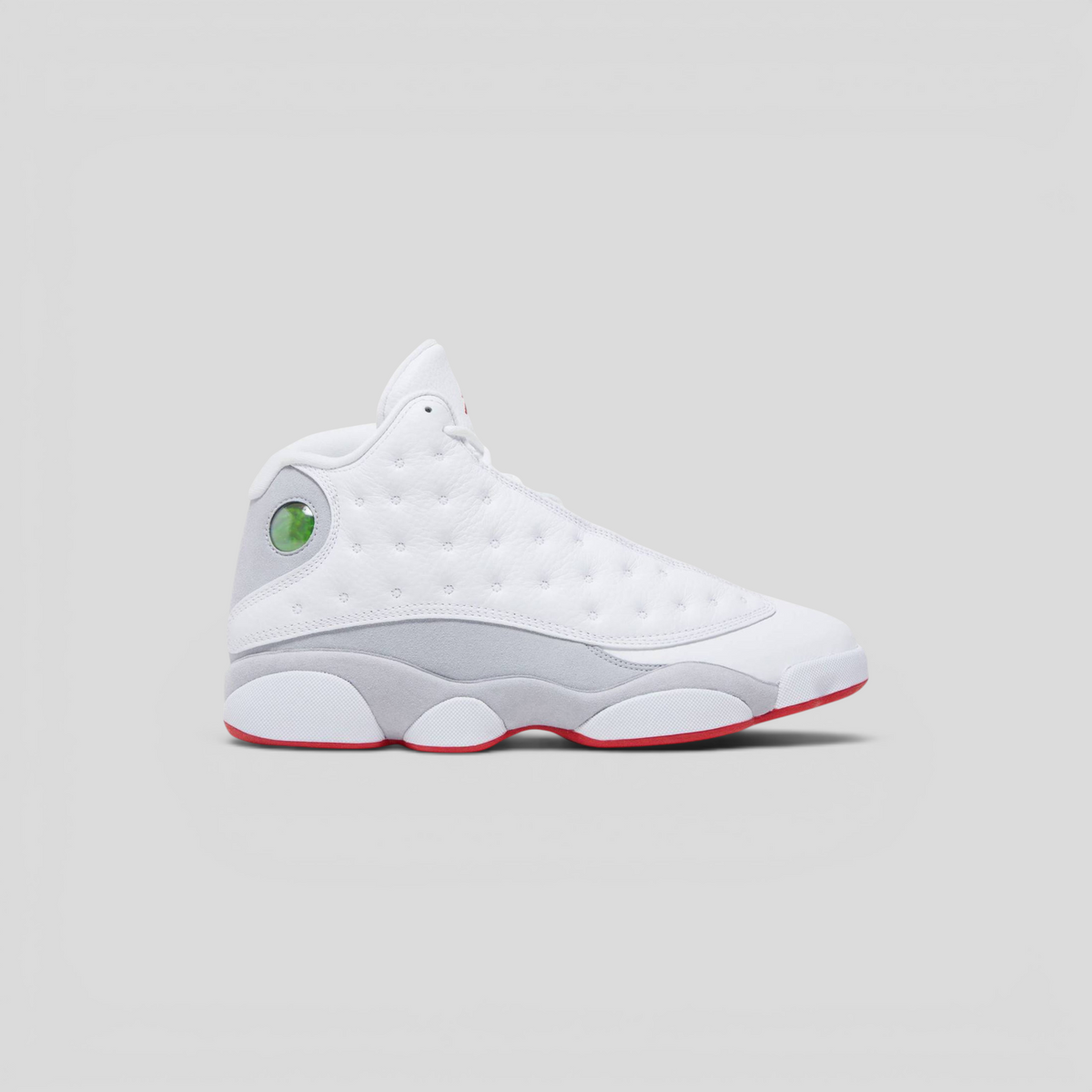 CLB XXIII Air Jordan 13 Retro Wolf Grey sneakers featuring white leather, grey suede, and a holographic cat eye.