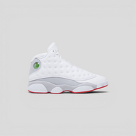CLB XXIII Air Jordan 13 Retro Wolf Grey sneakers featuring white leather, grey suede, and a holographic cat eye.
