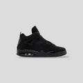 CLB XXIII Air Jordan 4 Retro Black Cat sneaker in all-black nubuck with light graphite accents and side profile view.