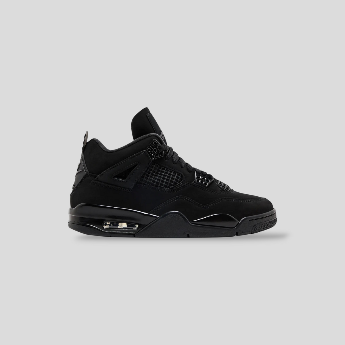 CLB XXIII Air Jordan 4 Retro Black Cat sneaker in all-black nubuck with light graphite accents and side profile view.