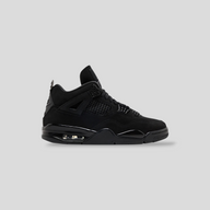 CLB XXIII Air Jordan 4 Retro Black Cat sneaker in all-black nubuck with light graphite accents and side profile view.