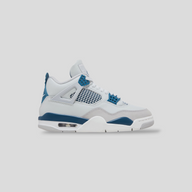 CLB XXIII Air Jordan 4 Retro Military Blue sneaker in off-white leather with neutral grey and blue mesh accents.