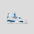 CLB XXIII Air Jordan 4 Retro Military Blue GS sneaker in off-white, neutral grey, and blue with iconic mesh netting.