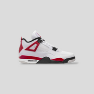 CLB XXIII Air Jordan 4 Retro Red Cement sneaker in white leather with fire red speckled accents and black details.