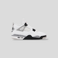 CLB XXIII Air Jordan 4 Retro White Cement GS sneaker in white leather with iconic grey speckled midsole and black trim.